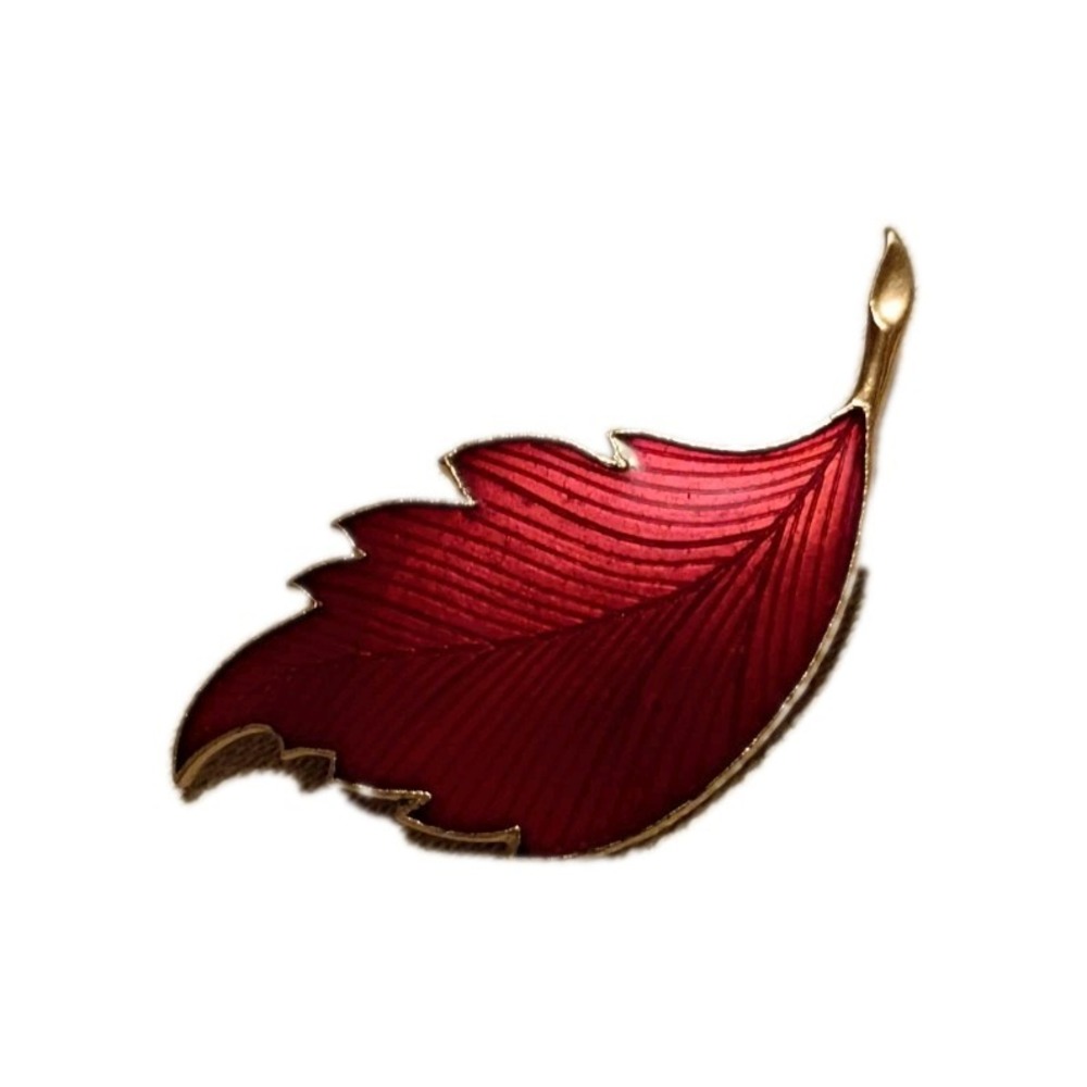 Gold Tone Red Enamel Pin Brooch Fall Leaf Nature Boho